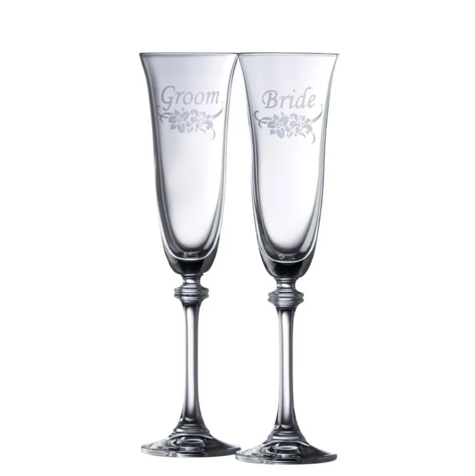 Floral Bride & Groom Liberty Flute Glass Pair