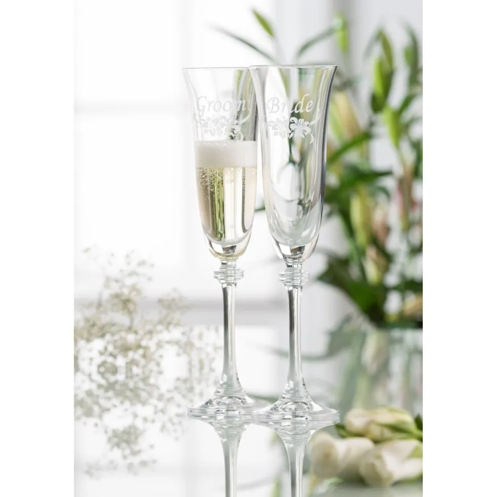 Floral Bride & Groom Liberty Flute Glass Pair
