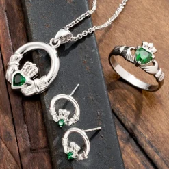 Green Crystal Claddagh Sterling Silver Earrings