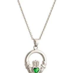 Green Crystal Claddagh Sterling Silver Pendant