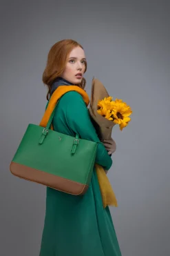 Two Tone Large Tote - Green & Tan