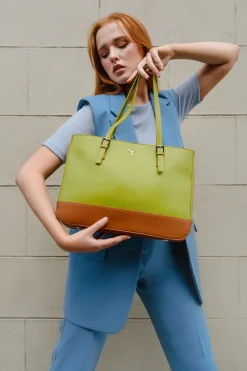 Two Tone Large Tote - Lime & Tan